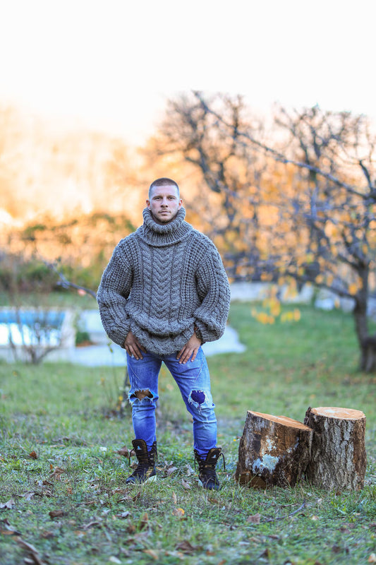 Wool Cable Knit Sweater, Man Sweater, Winter Man Clothing, Giant Turtleneck Pullover, Warm Wool Blouse, Oversized Sweater,Ski Resort Sweater