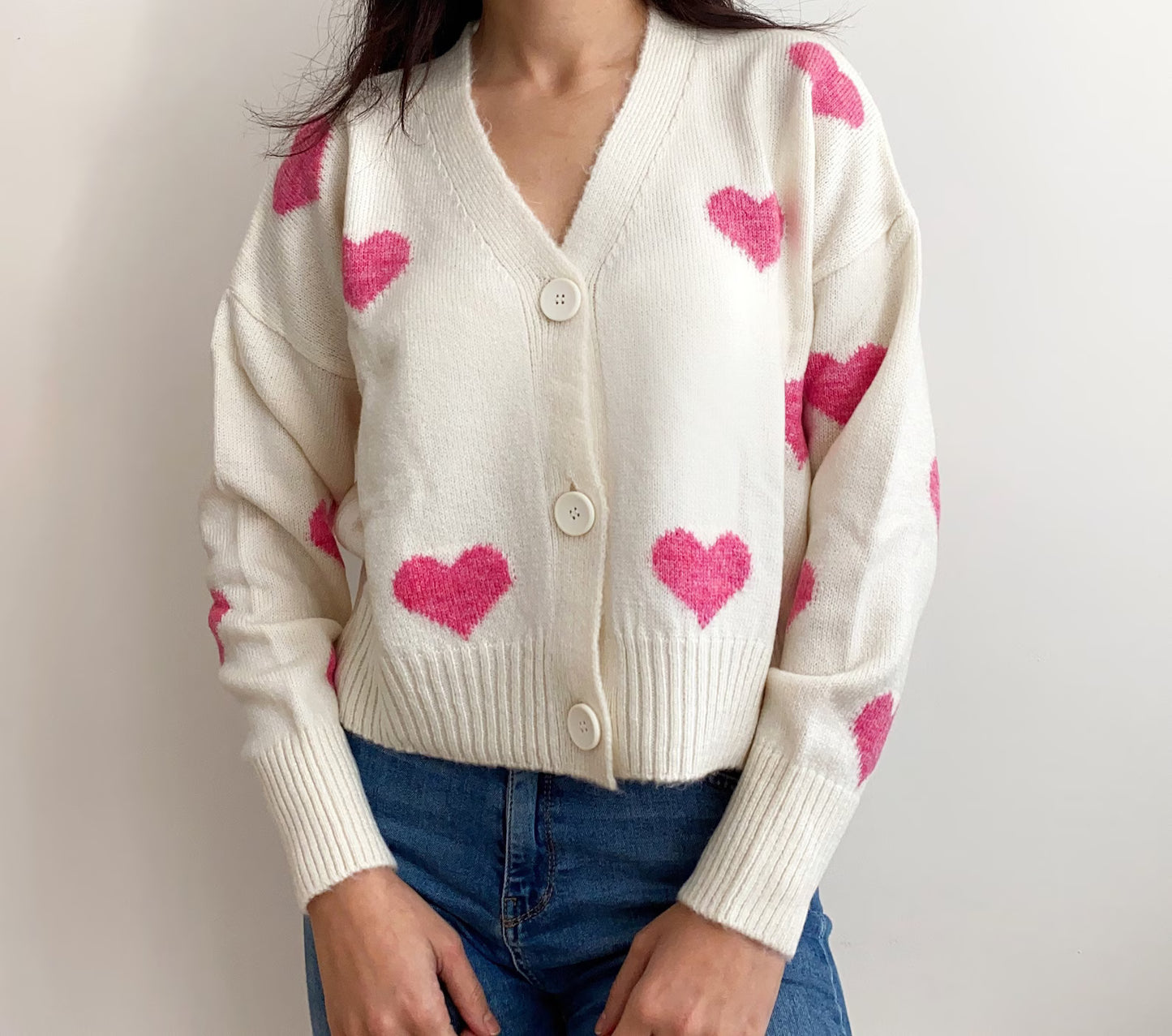 Handmade Soft Pink Chunky Heart Cardigan | Red Punch Needle Hearts Wool-Cotton Knit Crop Sweater | Romantic Y2K Winter Top for Women | Valentine's Gift | Made in India