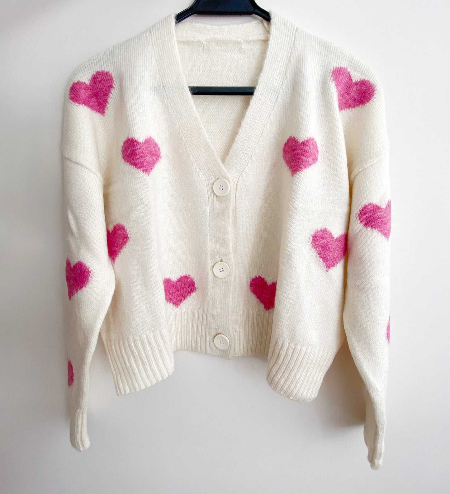 Handmade Soft Pink Chunky Heart Cardigan | Red Punch Needle Hearts Wool-Cotton Knit Crop Sweater | Romantic Y2K Winter Top for Women | Valentine's Gift | Made in India