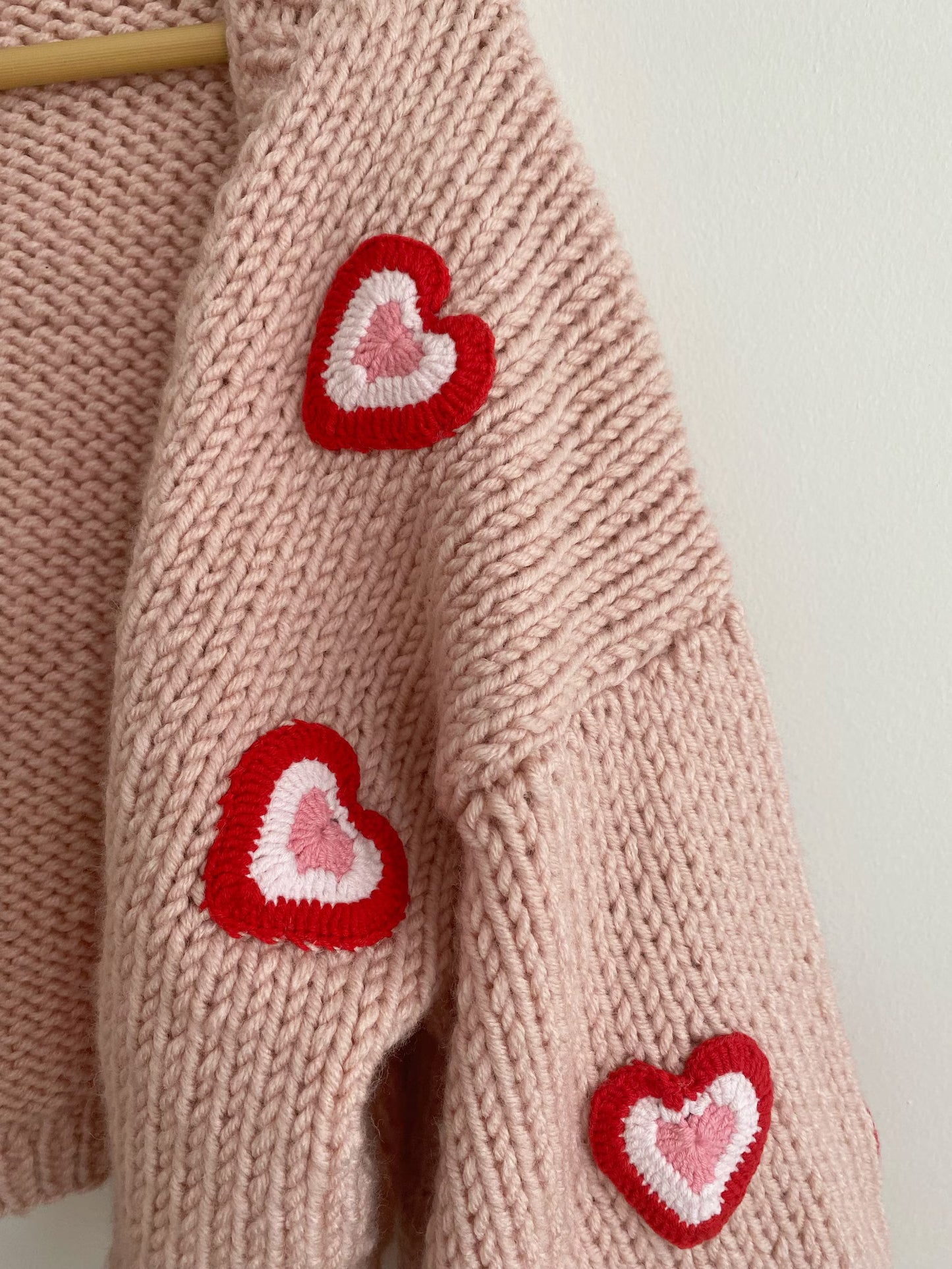 Handmade Soft Pink Chunky Heart Cardigan | Red Heart Applique Wool-Cotton Knit Crop Sweater | Y2K Romantic Winter Top for Women | Made in India