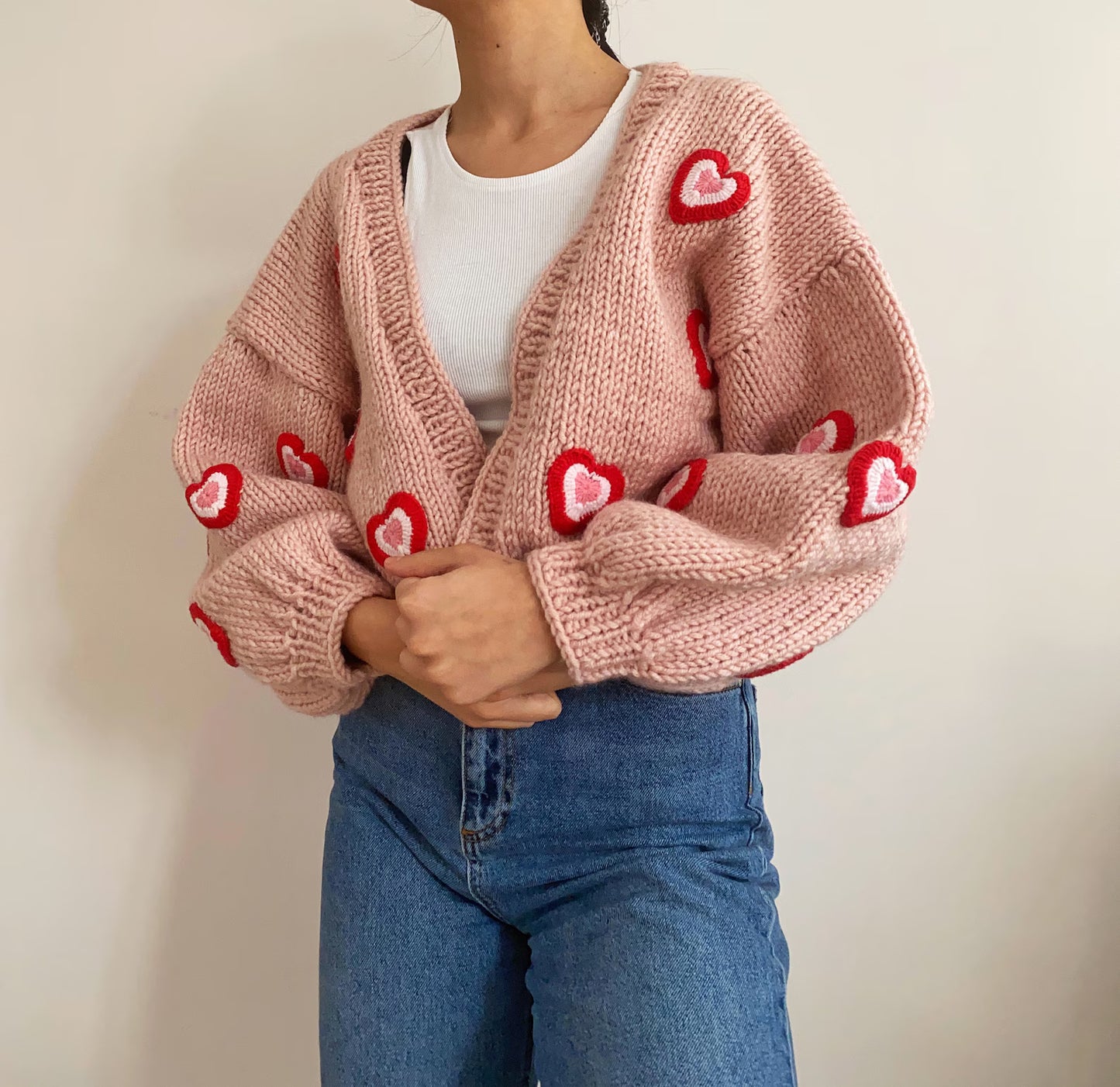Handmade Soft Pink Chunky Heart Cardigan | Red Heart Applique Wool-Cotton Knit Crop Sweater | Y2K Romantic Winter Top for Women | Made in India