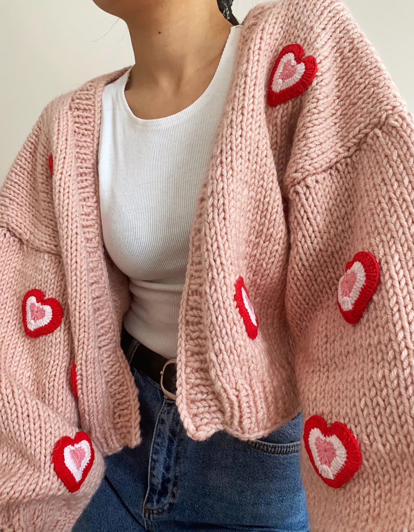 Handmade Soft Pink Chunky Heart Cardigan | Red Heart Applique Wool-Cotton Knit Crop Sweater | Y2K Romantic Winter Top for Women | Made in India