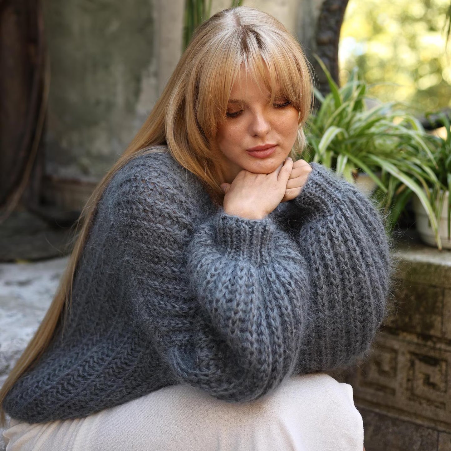 Handmade Mohair Cardigan: Oversized Chunky Knit Sweater with Balloon Sleeves