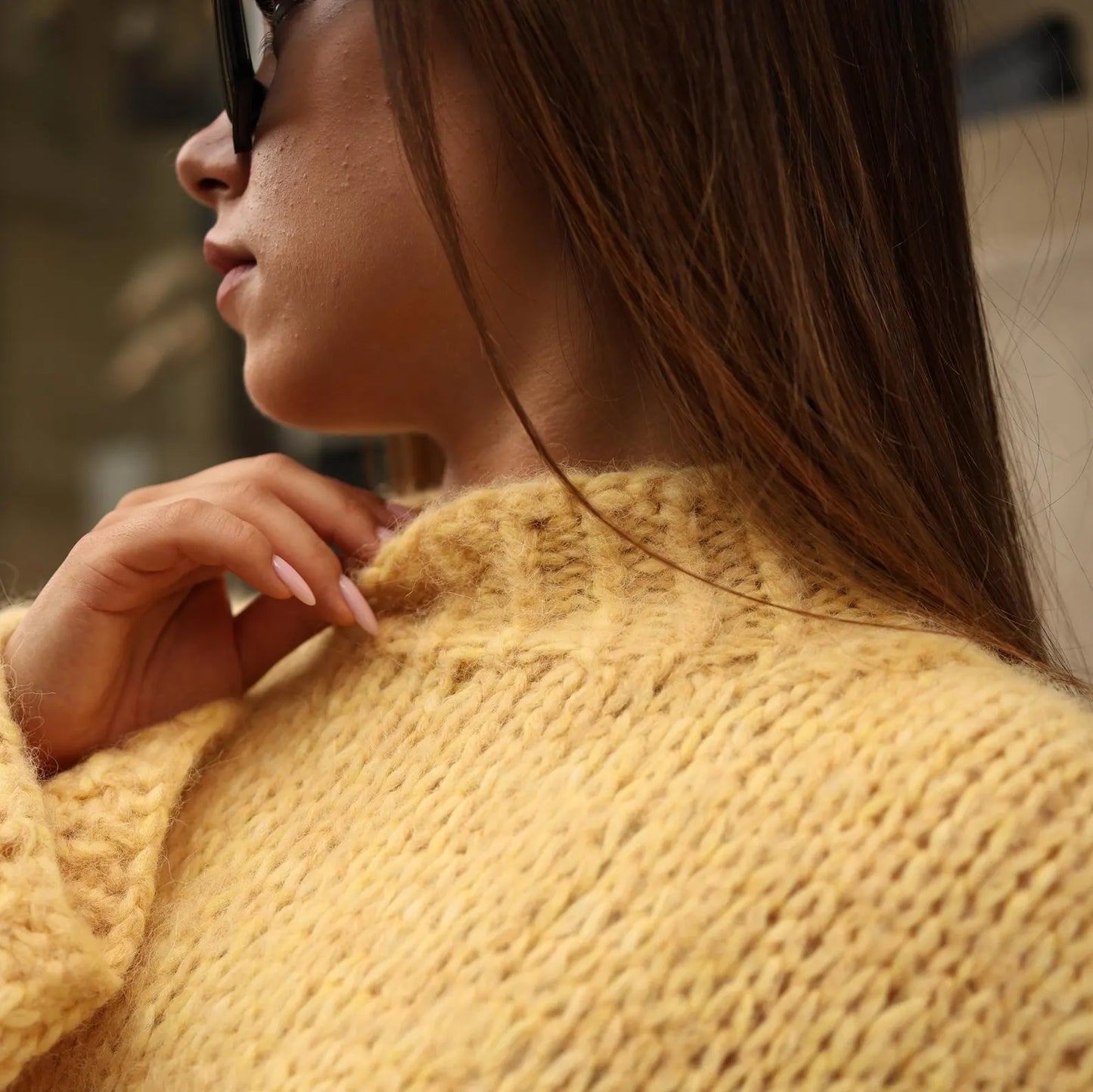 Hand-Knit Alpaca Wool Balloon Sleeve Sweater: Lemon Yellow Oversized Fit