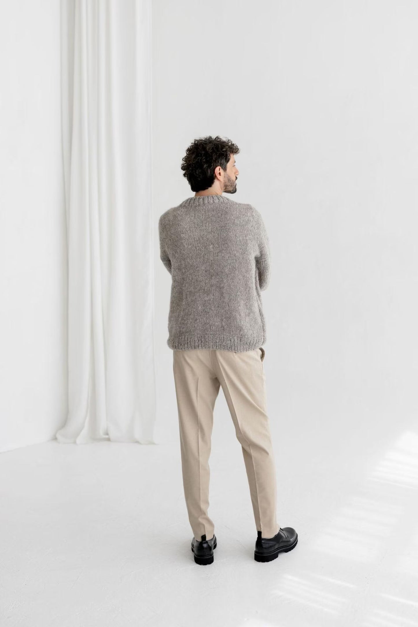 Chunky knit light gray alpaca wool sweater for men, grey cable knitted men's jumper, handmade thick winter minimalist pullover, gift for man