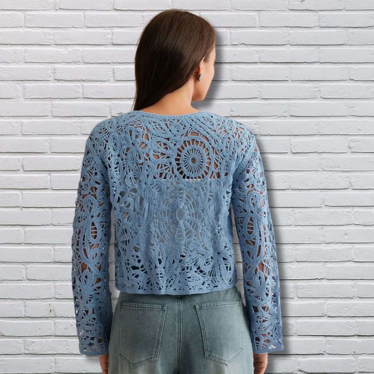 Women’s Crochet Floral Knit Cardigan – Asymmetrical short Button Up Loose Sweater, Boho Vintage Style