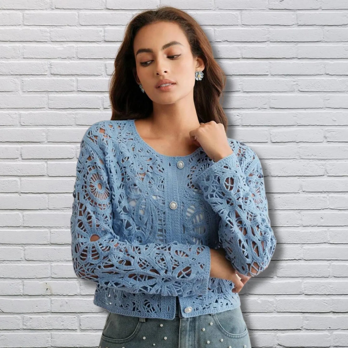 Women’s Crochet Floral Knit Cardigan – Asymmetrical short Button Up Loose Sweater, Boho Vintage Style