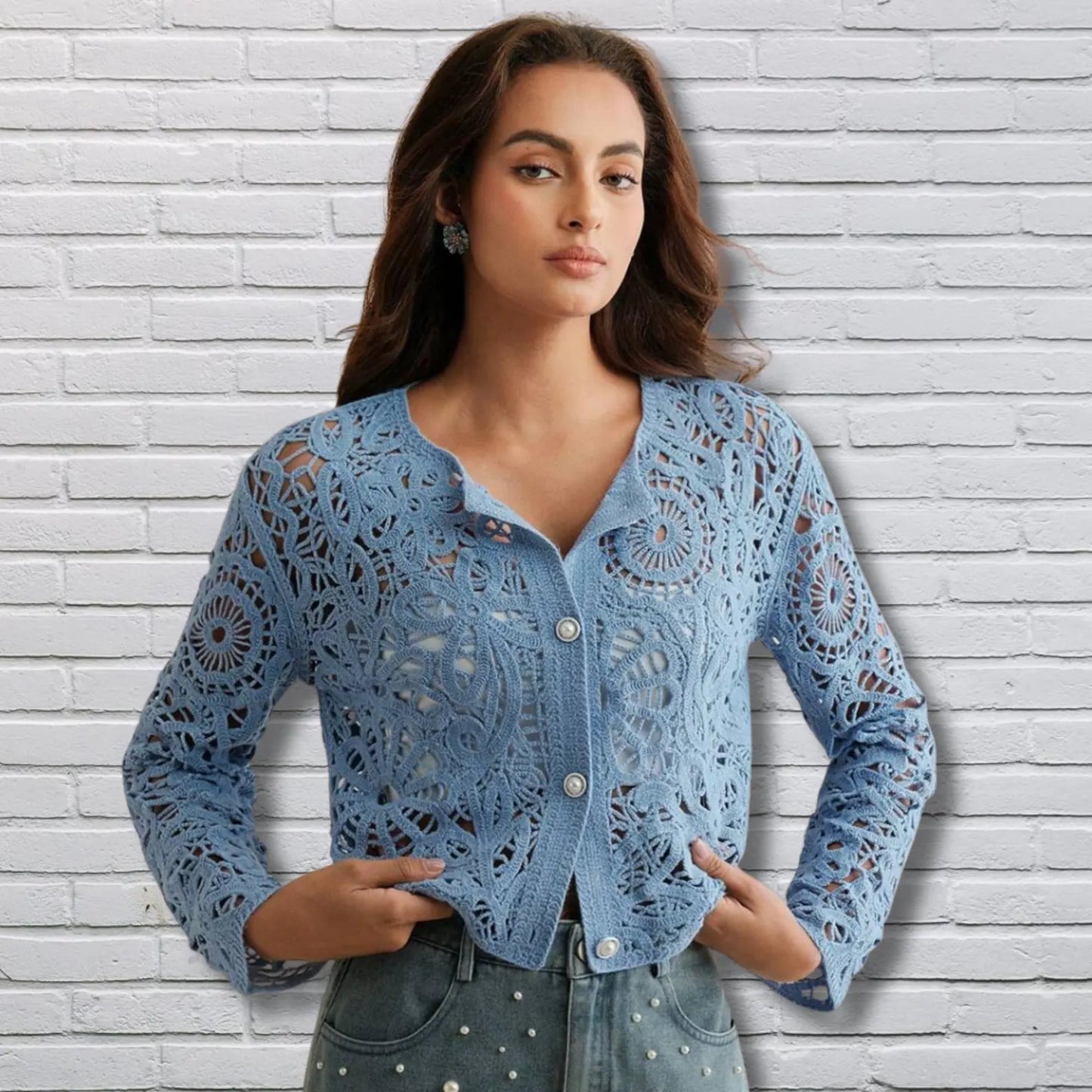 Women’s Crochet Floral Knit Cardigan – Asymmetrical short Button Up Loose Sweater, Boho Vintage Style