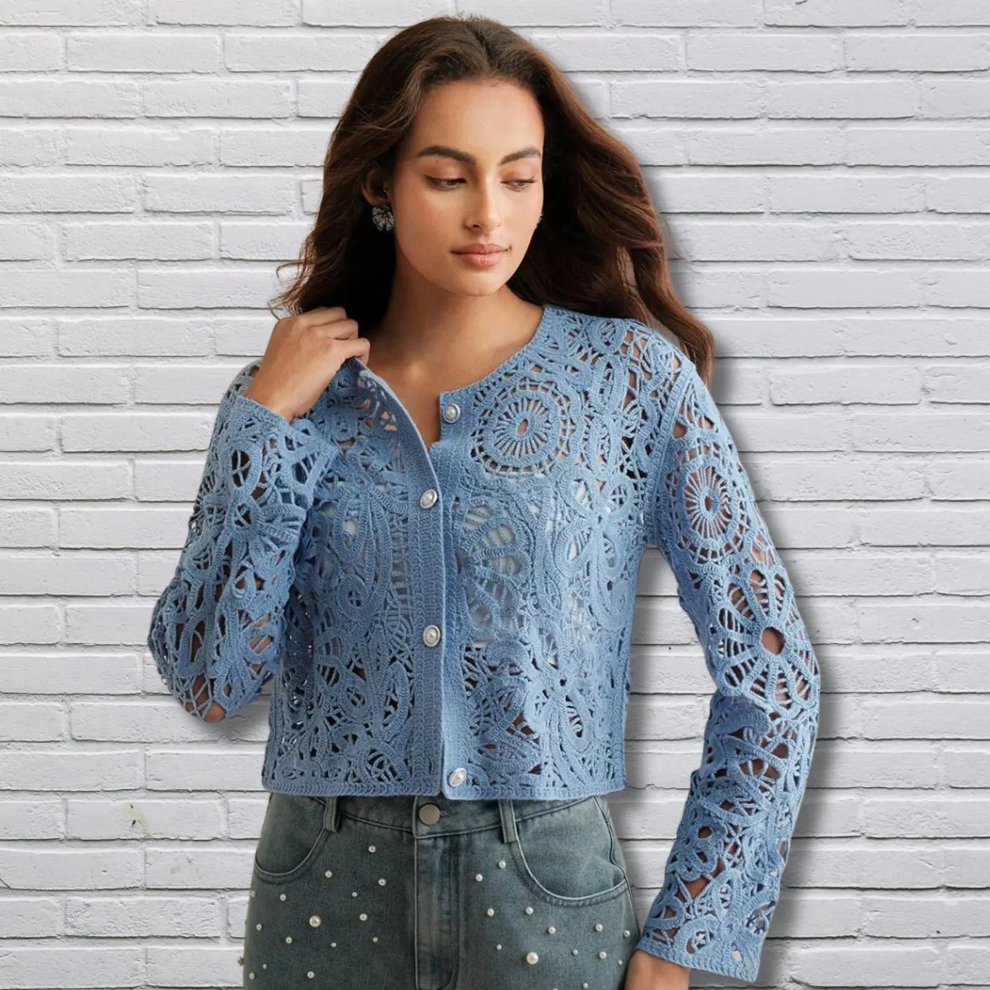 Women’s Crochet Floral Knit Cardigan – Asymmetrical short Button Up Loose Sweater, Boho Vintage Style
