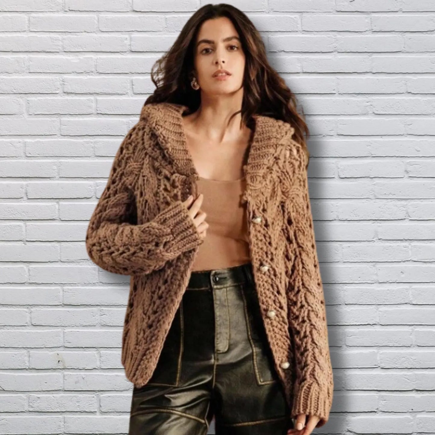 Handmade Crochet Knit Hooded Cardigan: Maillard Autumn Sweater for women