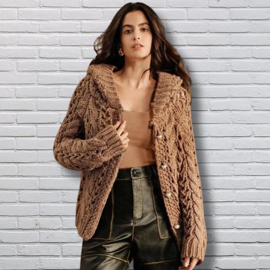 Handmade Crochet Knit Hooded Cardigan: Maillard Autumn Sweater for women