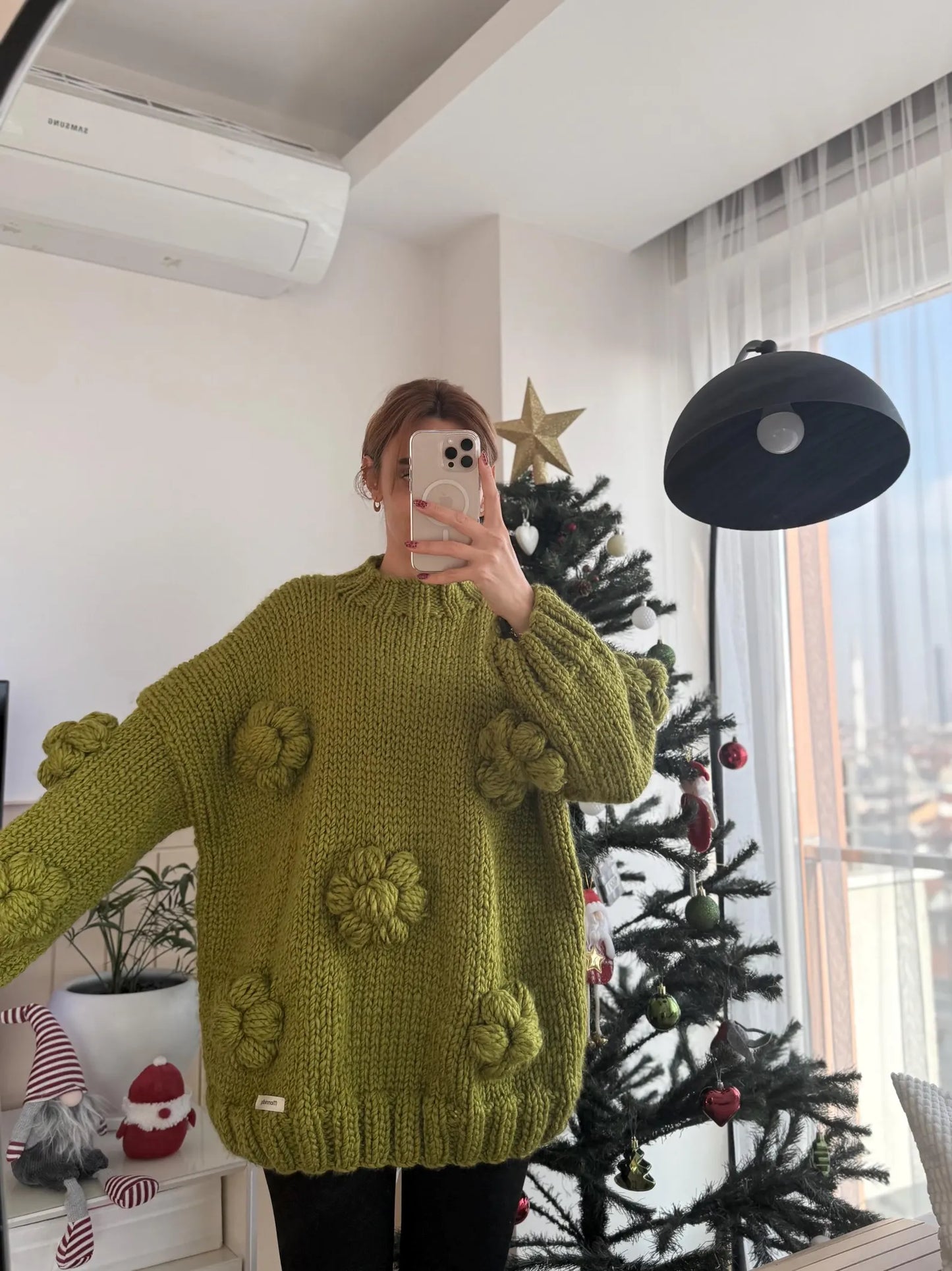 Hand-Knitted Pistachio Green Sweater and Leg Warmers Set – 3D Flower Knitwear