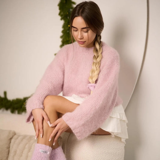 Pink Alpaca Wool Knit Pullover: Hand-Knitted Luxury Sweater for Women